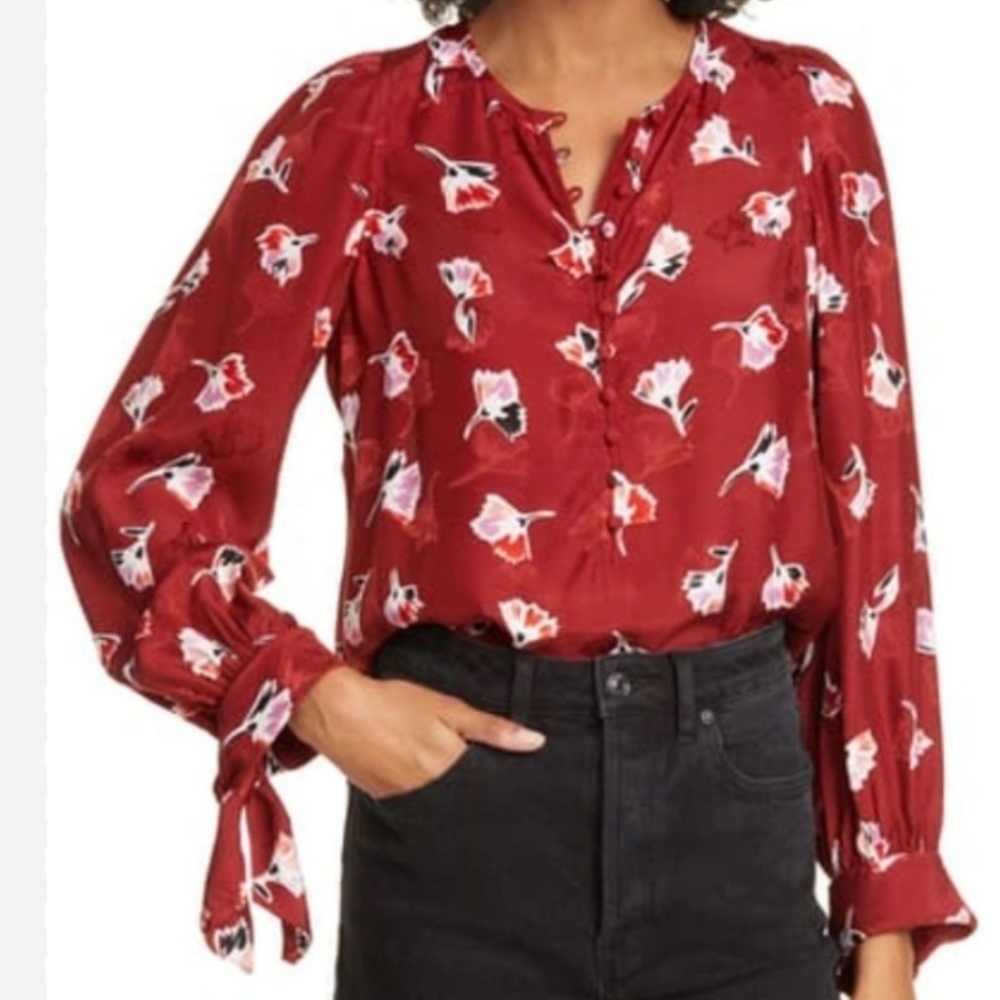 Rebecca Taylor Red Floral Paintbrush Tie Sleeve Silk Blend Blouse In Cabernet 0